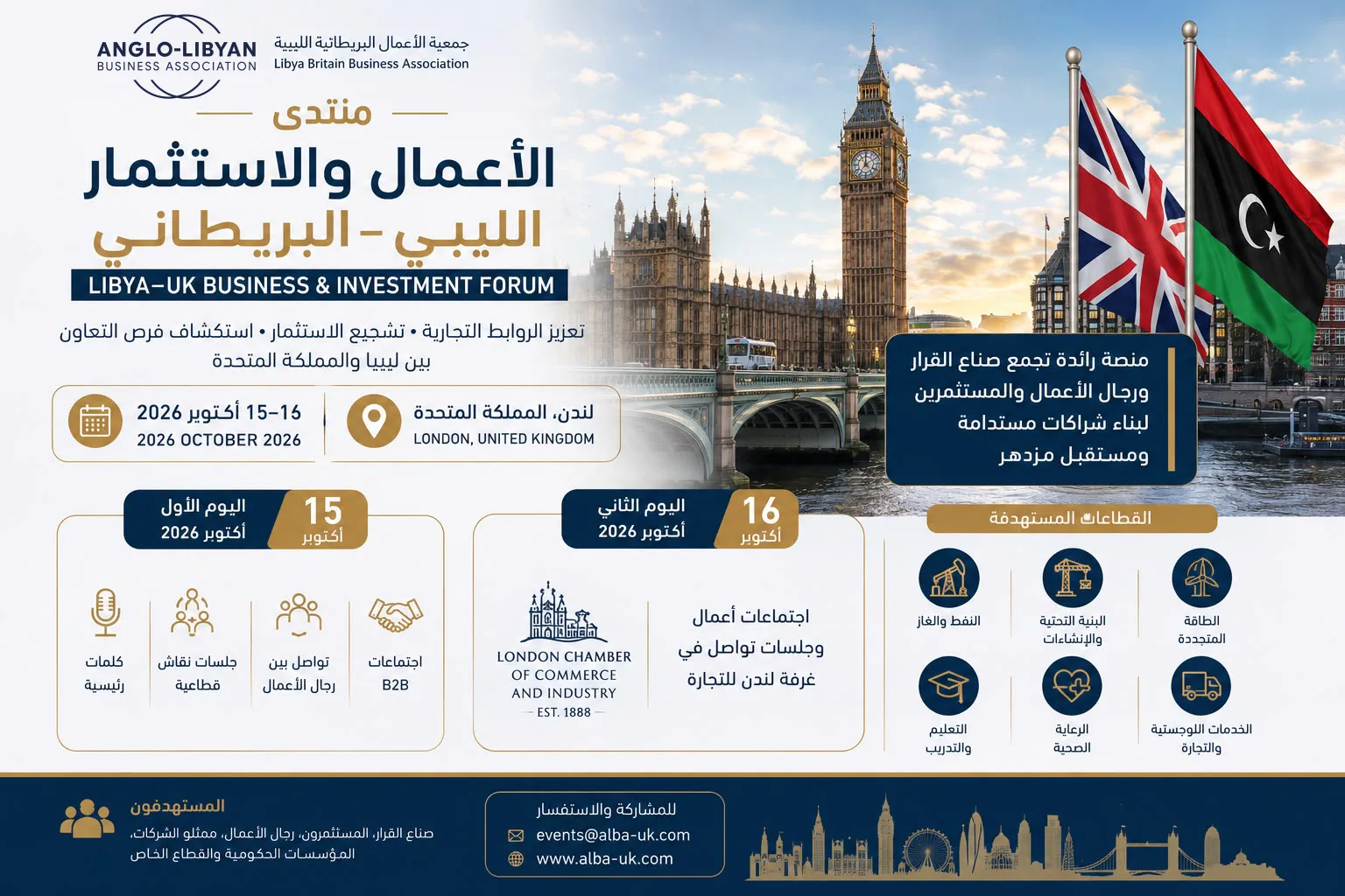 ملصق منتدى الأعمال والاستثمار الليبي–البريطاني — 15–16 أكتوبر 2026، لندن، المملكة المتحدة